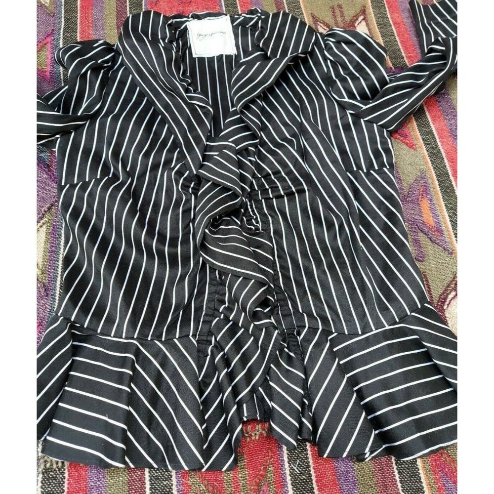 Georges Marciano Womens Black White Striped Ruffle Front Peplum Blazer Jacket
